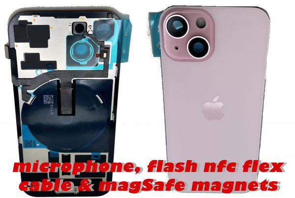 iPhone 15 & Plus Back Glass Cover: Rear Door with flex cables: flash mic nfc